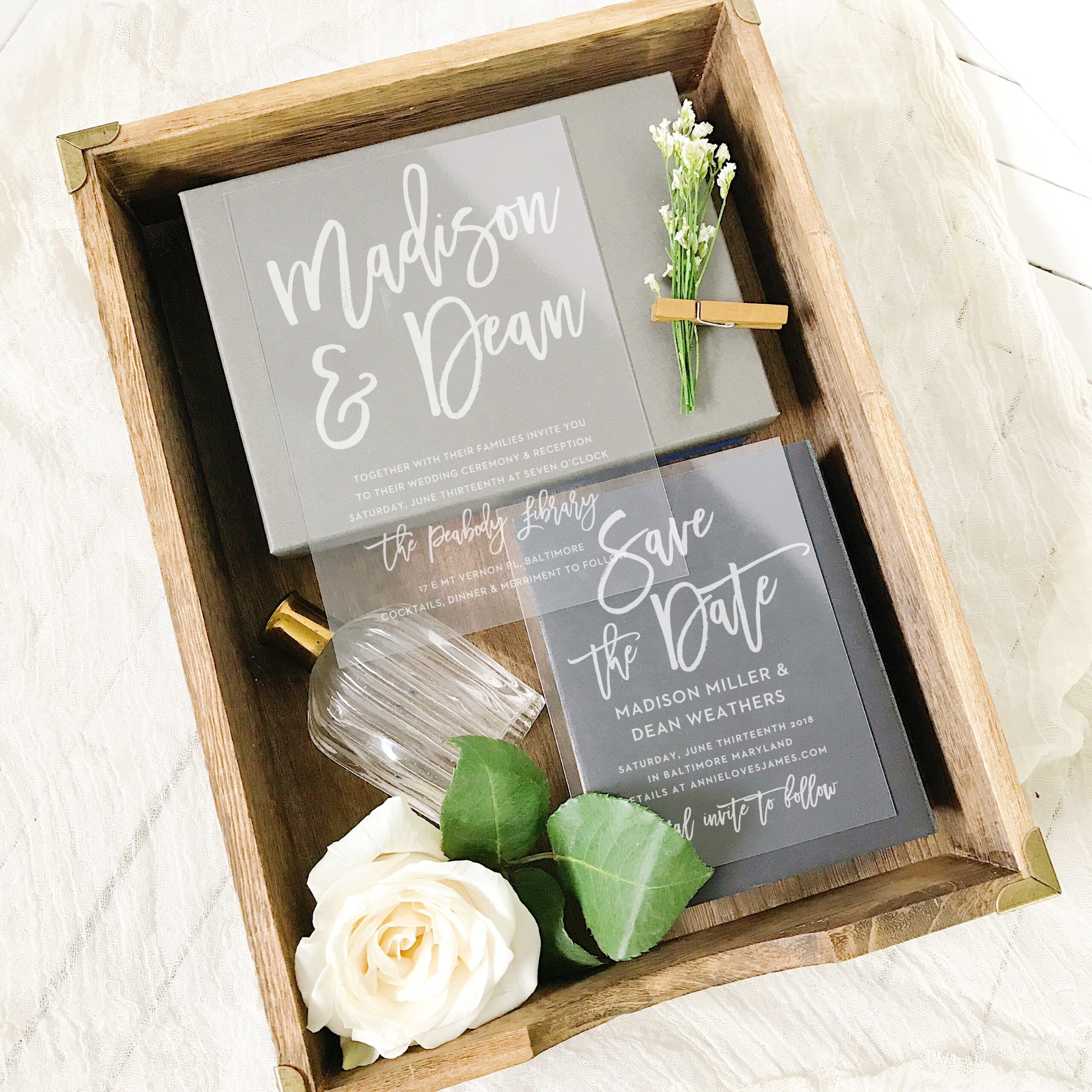 wedding invitation and save the date in a box