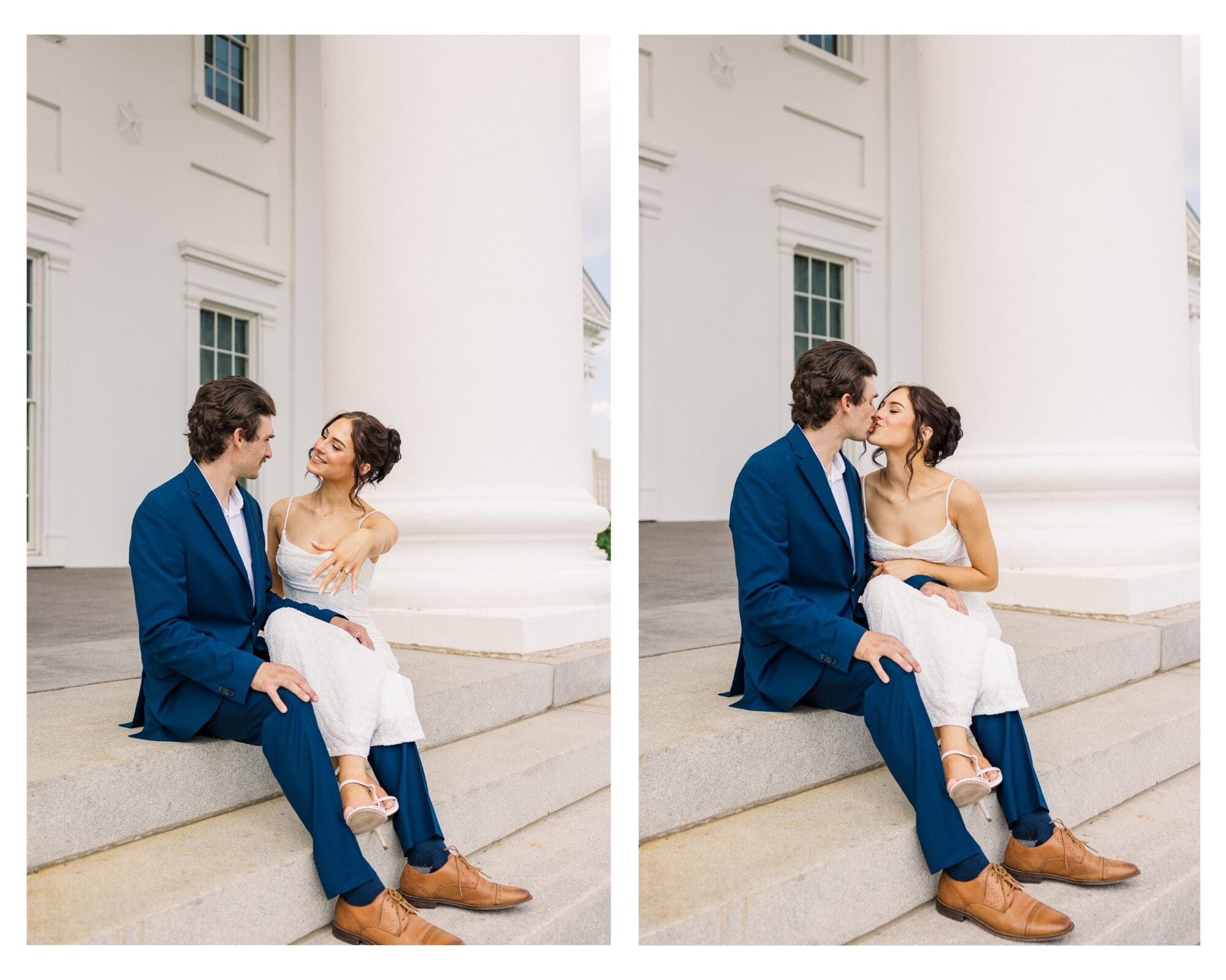 Richmond City Engagement session, couple sitting on the capital steps